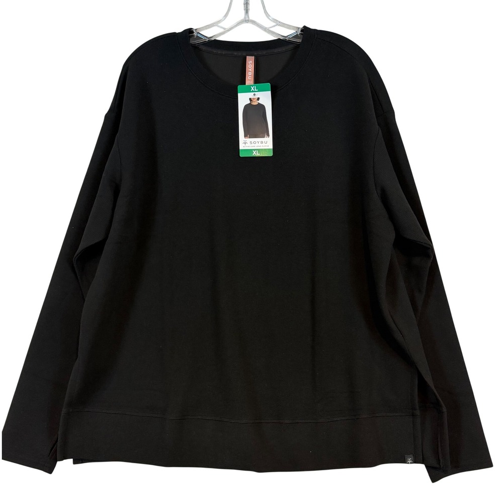 Soybu Active Luxe Long Sleeve Black Waffle Knit Pullover •XL• Thumbholes Layer